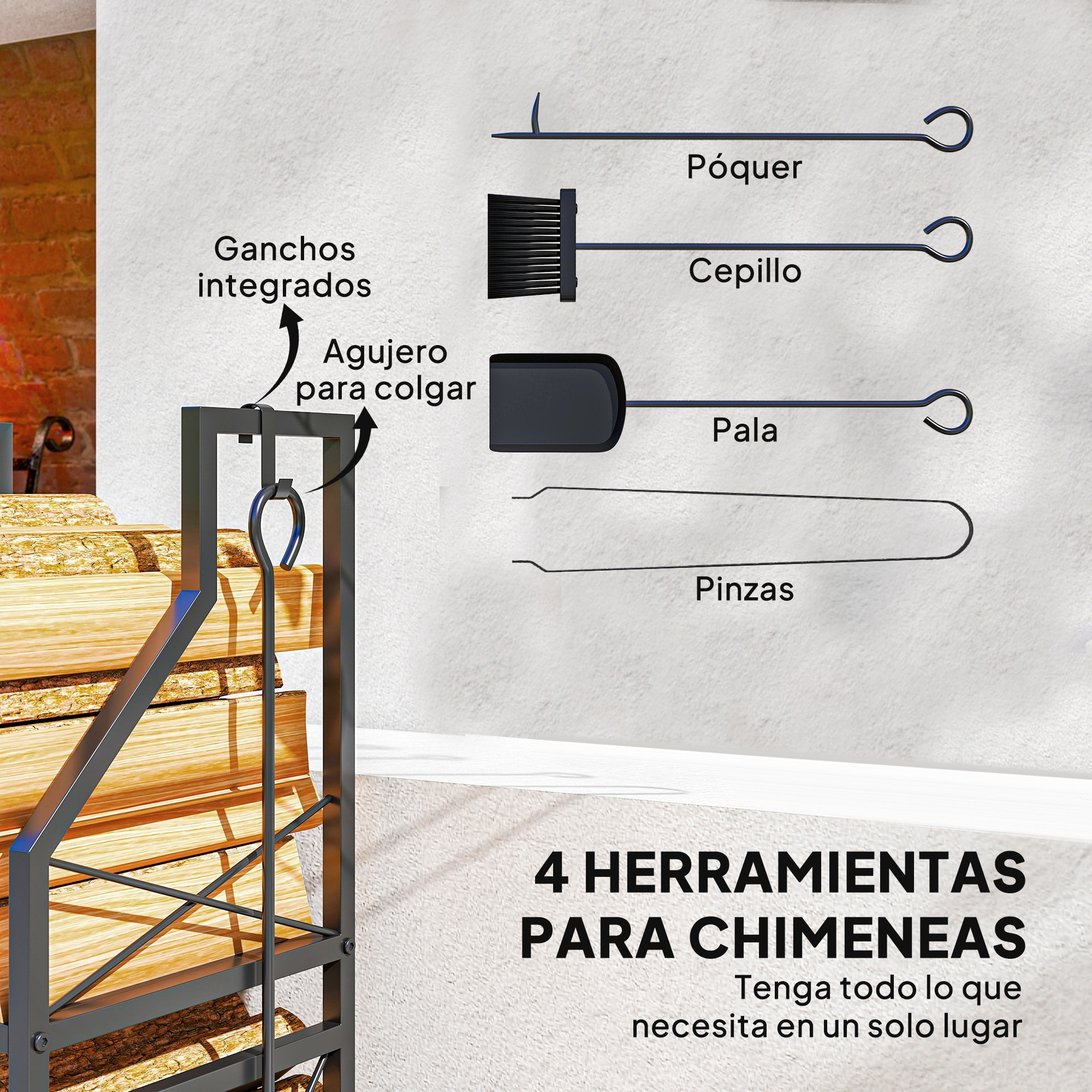 Estante de Leña Metálico de Chimenea, Soporte para Leña de 2 Niveles, Leñero Exterior con 4 Herramientas, Ganchos y Base Elevada, para Interior y Exterior, 34x30x80 cm, Negro