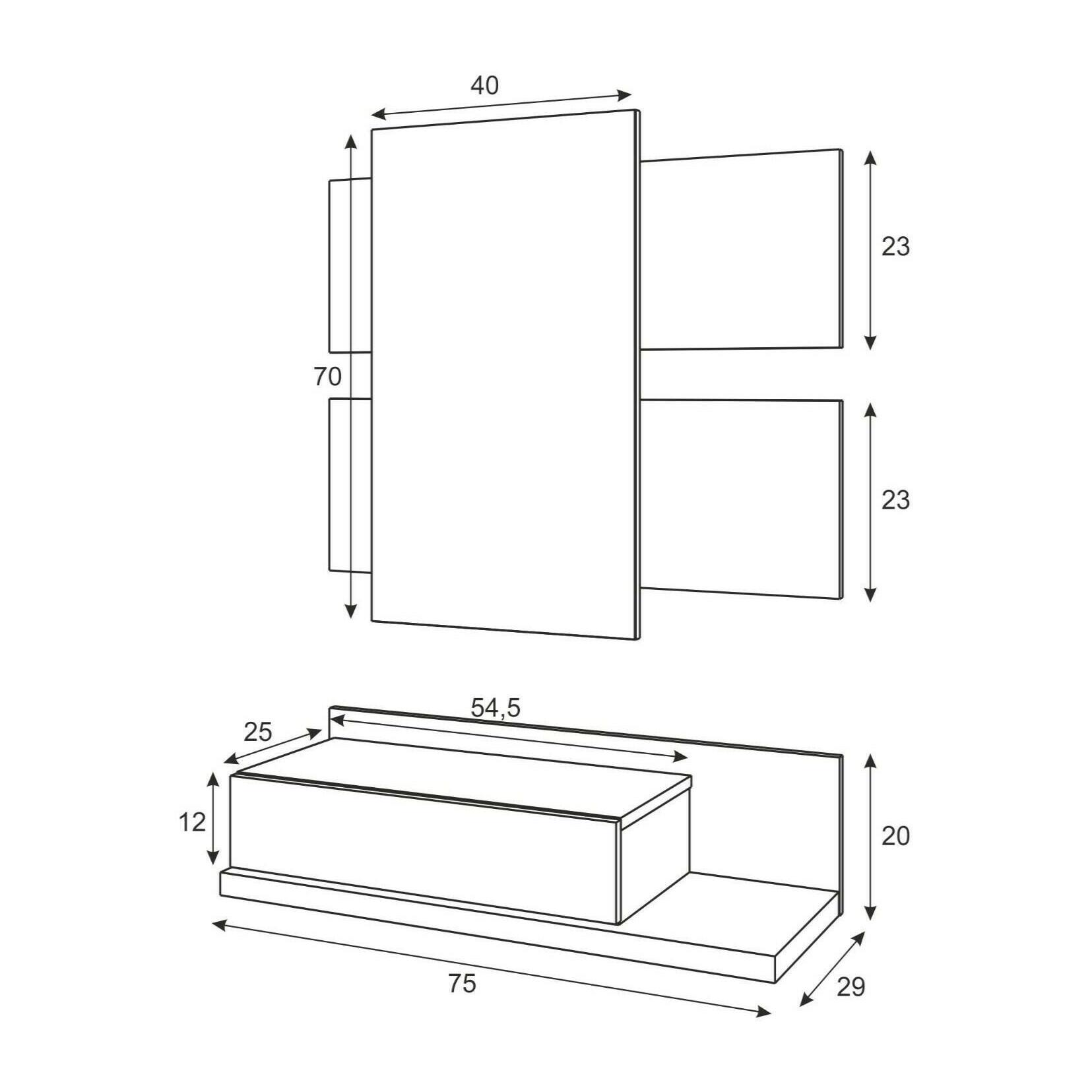 Mobile da ingresso Erie, Entratina sospesa con specchio, Mobile con cassetto per entrata, cm 75x29h90, Bianco lucido e Noce