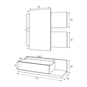 Mobile da ingresso Erie, Entratina sospesa con specchio, Mobile con cassetto per entrata, cm 75x29h90, Bianco lucido e Noce