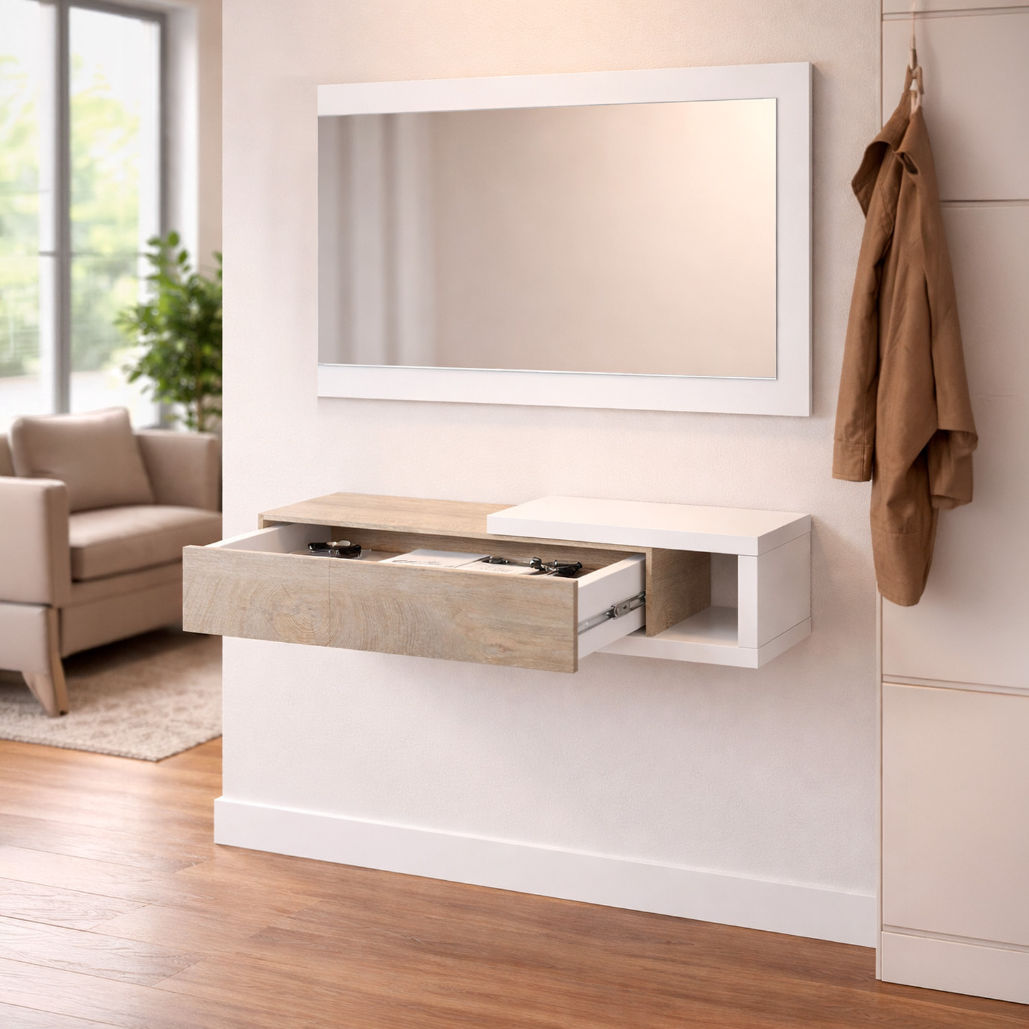 Mobile Maiorca Mobiletto da Ingresso Sospeso con Cassetto Mensola e Specchio Arredo Arredamento Sala 95 x 19 x 26 cm Bianco e Rovere Alaska