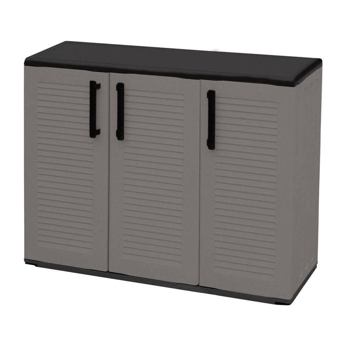 Armadio da esterno Aranka, Mobile balcone multiuso, Armadietto outdoor 3 ante, 100% Made in Italy, 102x37h84 cm, Grigio e Nero, Finitura righe