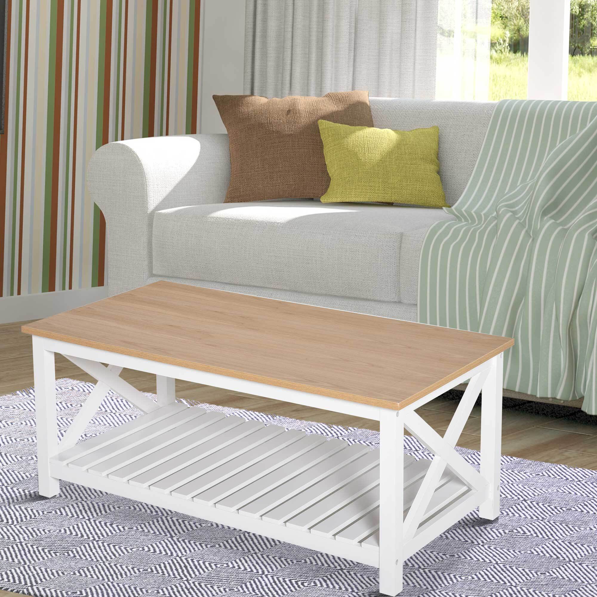 Table basse rectangulaire dim. 116L x 60l x 48H cm étagère à lattes plateau imitation chêne clair MDF blanc