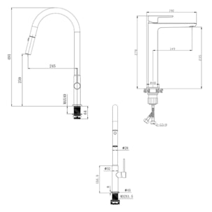 set mitigeur lavabo XL + mitigeur monocommande de cuisine avec douchette extractible 2 jets, noir mat (SATBSM288C)