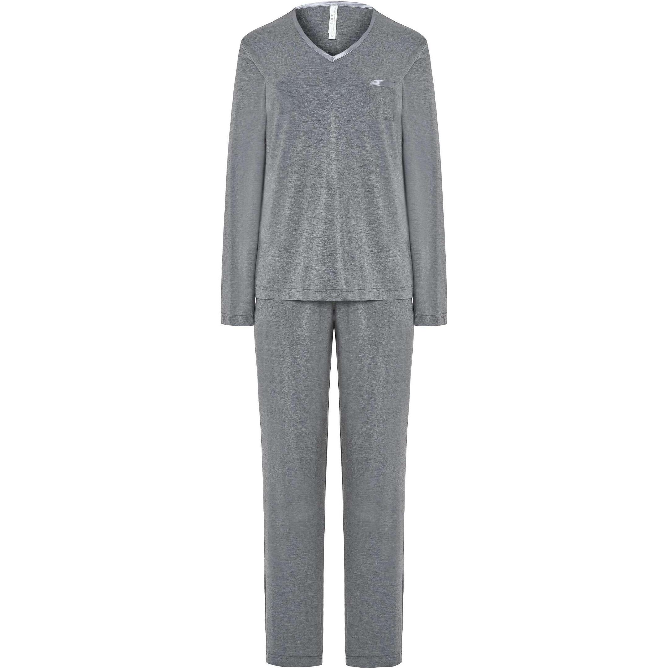 Pijama mujer tejido modal, escote en pico con raso, bolsillo, manga larga y pantalón largo