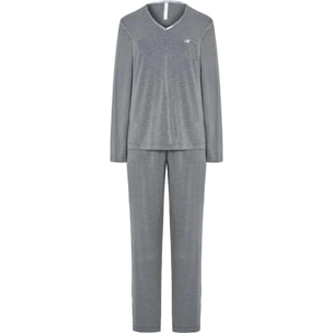 Pijama mujer tejido modal, escote en pico con raso, bolsillo, manga larga y pantalón largo
