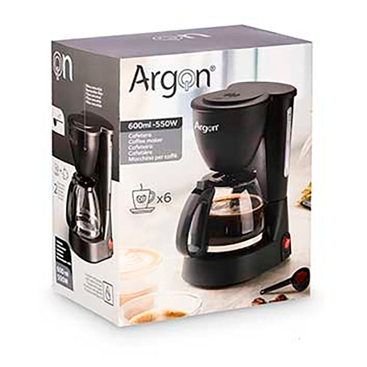 Cafetera de goteo con filtro. Potencia de 550W y 600ml de capacidad. 6 tazas.