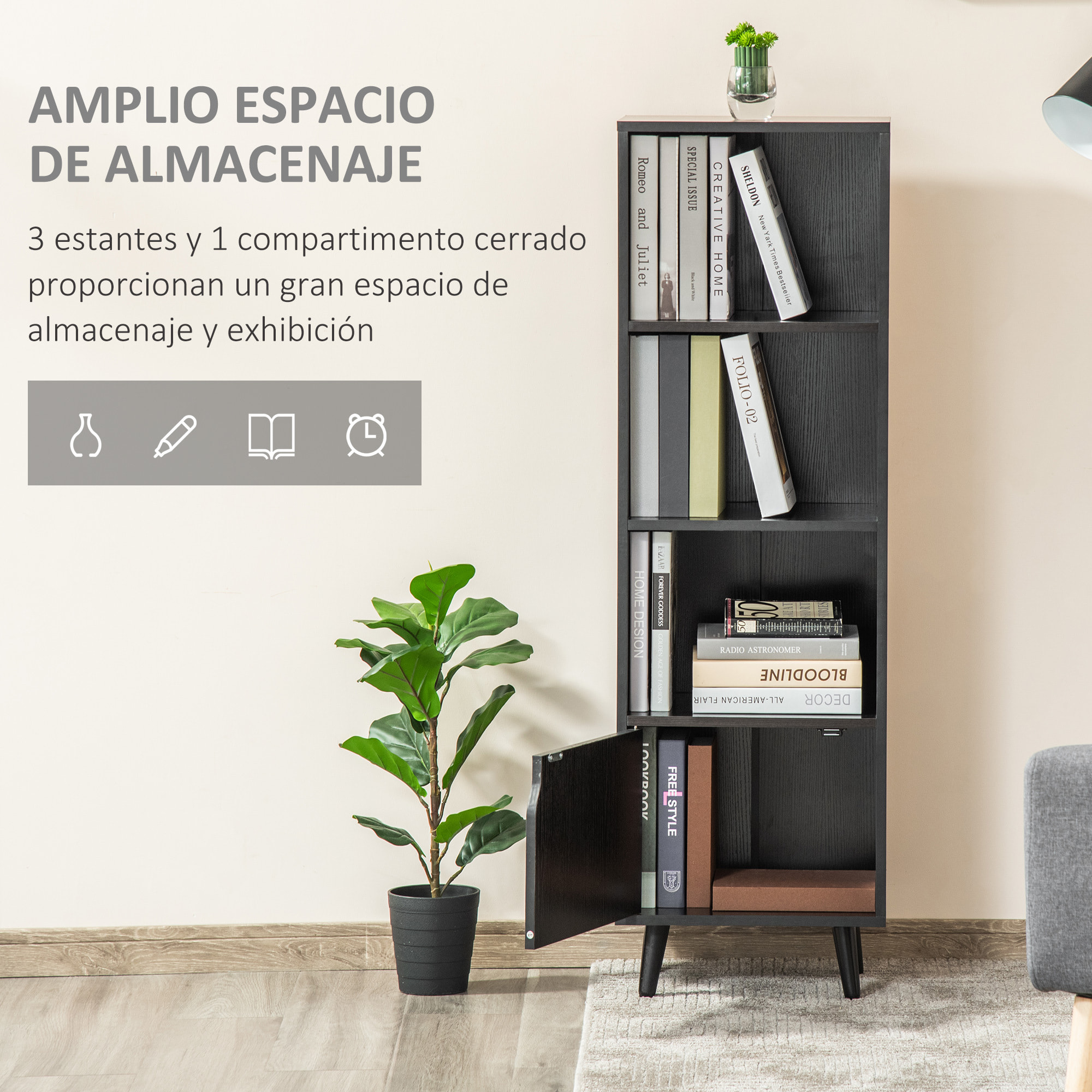 HOMCOM Estantería con 3 Estantes Abiertos y 1 Cerrado con Puerta Librería de Estilo Moderno para Almacenamiento de Libros Juguetes CDs Plantas 40x30x129,5 cm Negro