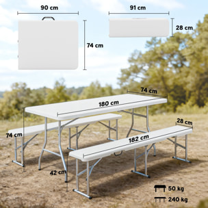 Conjunto de Camping Plegable de 3 Piezas, Mesa Plegable Camping con Bancos, Incluye 1 Mesa de Camping 180x74x74 cm y 2 Bancos, Asas, Impermeable, para Acampadas, Jardín, Pícnic, Blanco