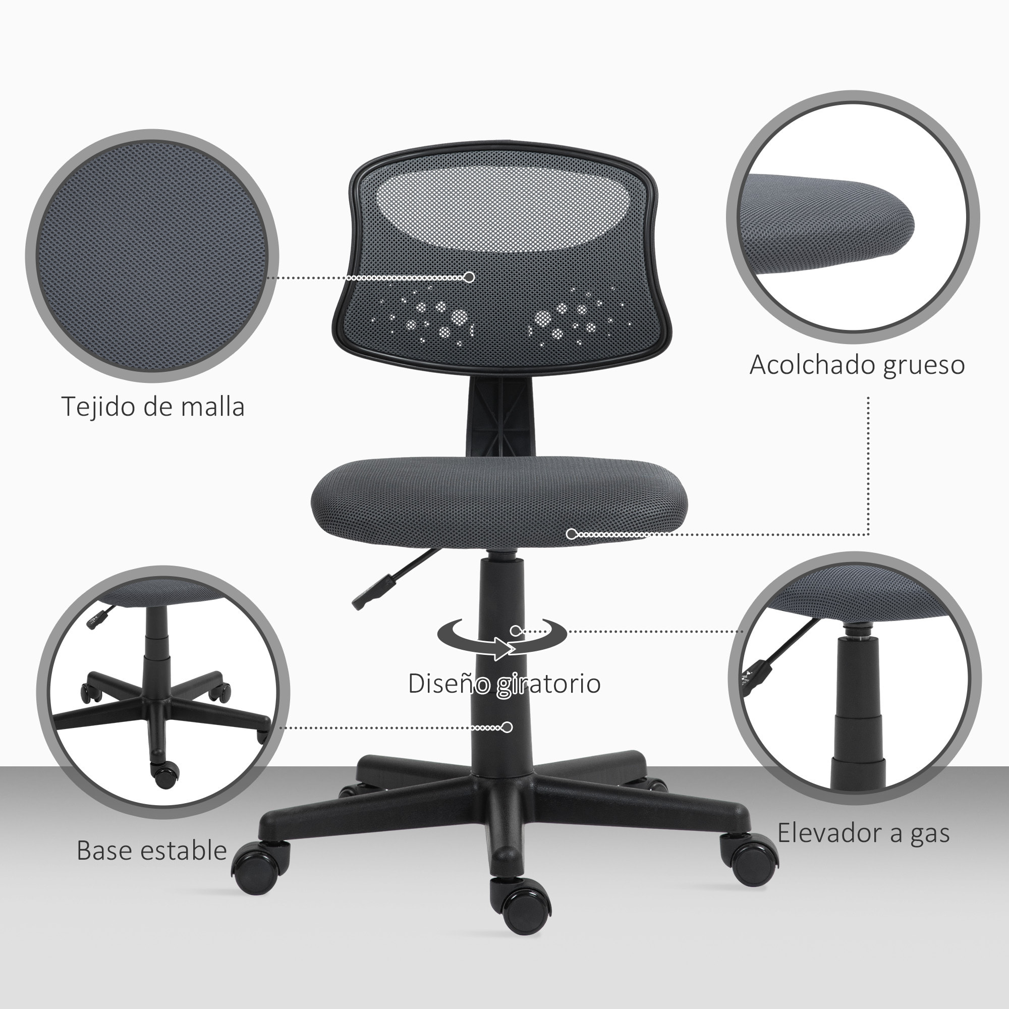 Silla de Oficina sin Brazos Silla de Escritorio Giratoria con Respaldo de Malla Transpirable Altura Ajustable Silla de Despacho Carga 120 kg Gris