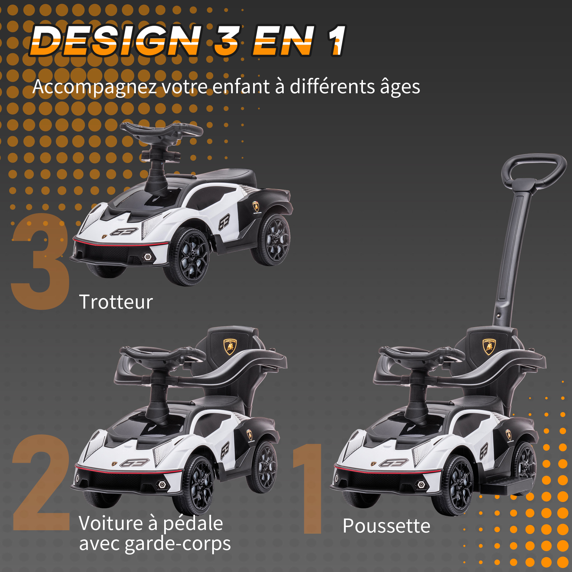 Porteur enfant voiture à pousser 2 en 1 - licence officielle Lamborghini Essenza SCV12 - nombreux équipements - noir blanc