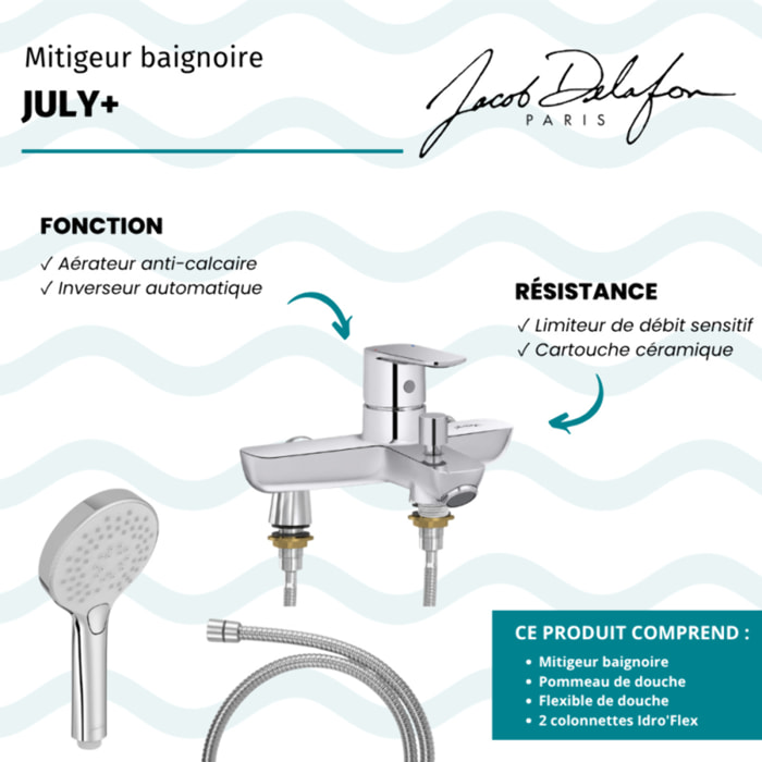 Mitigeur baignoire July+ + pommeau de douche Metro + flexible de douche métal + colonnettes Idro'Flex