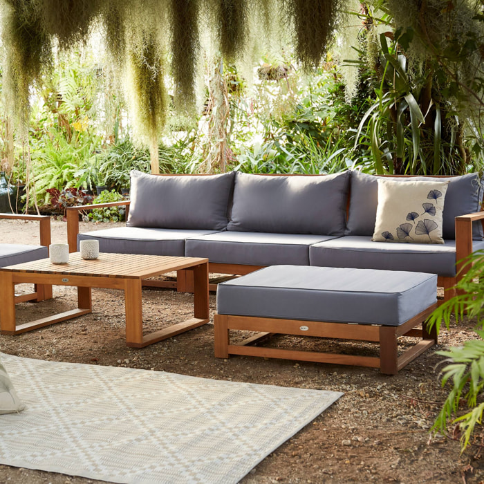 Salon de jardin en bois 5 places - Mendoza - Coussins gris. canapé. fauteuils et table basse en acacia. 6 éléments modulables. design