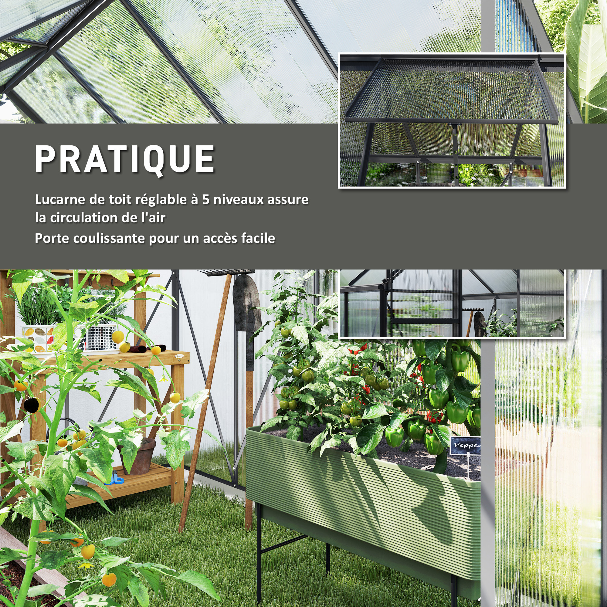 Serre de jardin polycarbonate alu 4,8 m² dim. 2,53L x 1,9l x 1,99H m lucarne réglable fondation porte coulissante gris