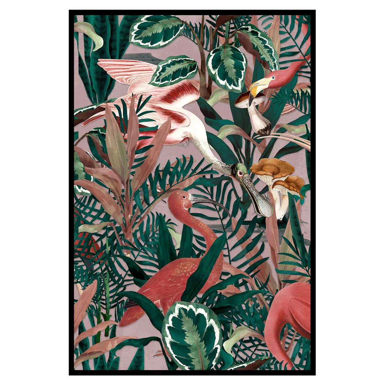 Affiche encadrée jungle tropicale avec flamants roses Affiche + cadre en métal - Noir