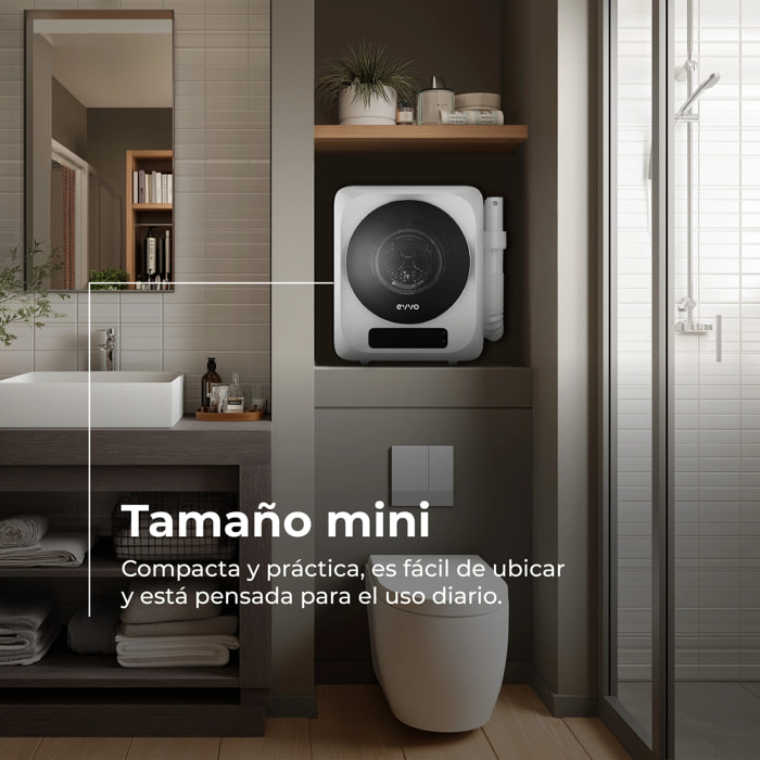 EVVO Secadora Mini S4 Plus – Secadora de Ropa Portátil 3 Kg, Diseño Mini Compacto, Panel Táctil, Higiene UV, Función Antiarrugas, Accesorio para Calzado, Mini Secadora Ideal para Espacios Reducidos