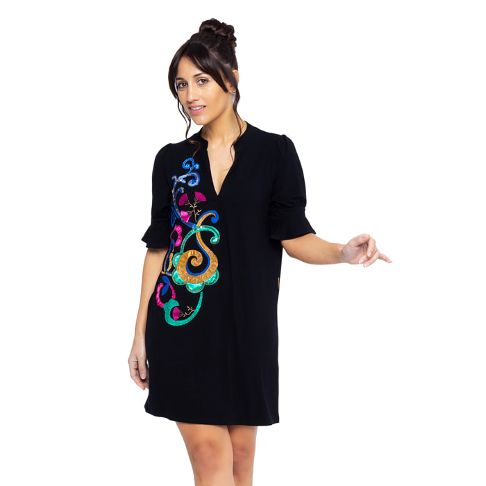 Mamatayoe Vestido Alicia Para Mujer, Manga Corta, Escote Pico, Negro