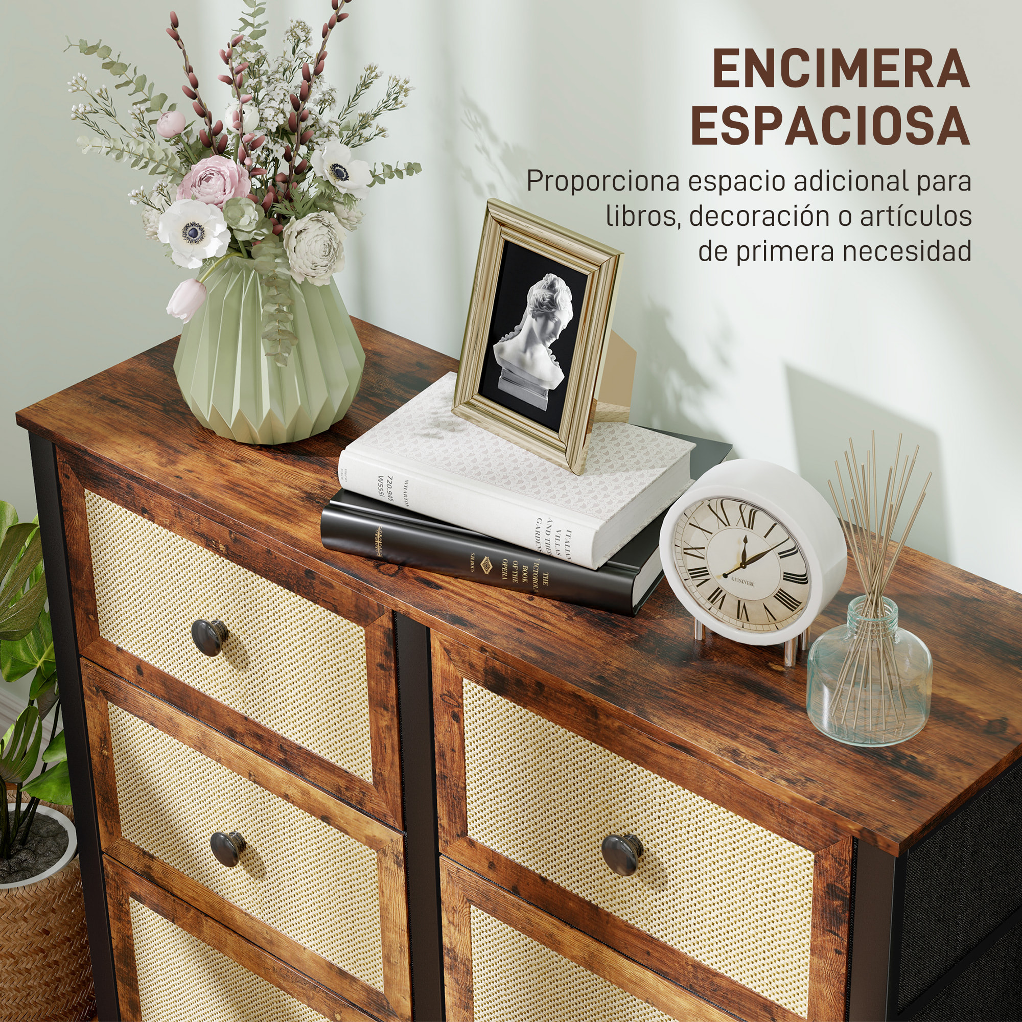 Cómoda para Dormitorio Cajonera de Tela con 6 Cajones Plegables con Frentes de Ratán y Marco de Acero Cajonera para Dormitorio Salón Marrón Rústico