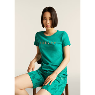 T-shirt in jersey con logo oro chiaro sul fronte