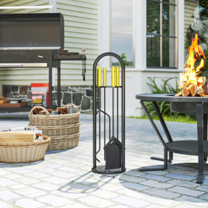 Juego Utensilios Chimenea de 5 Piezas, Juego de Accesorios para Chimenea de Metal con Escoba, Pala, 1 Par de Tenazas, Atizador y Soporte, 20x20x71 cm, Negro y Dorado