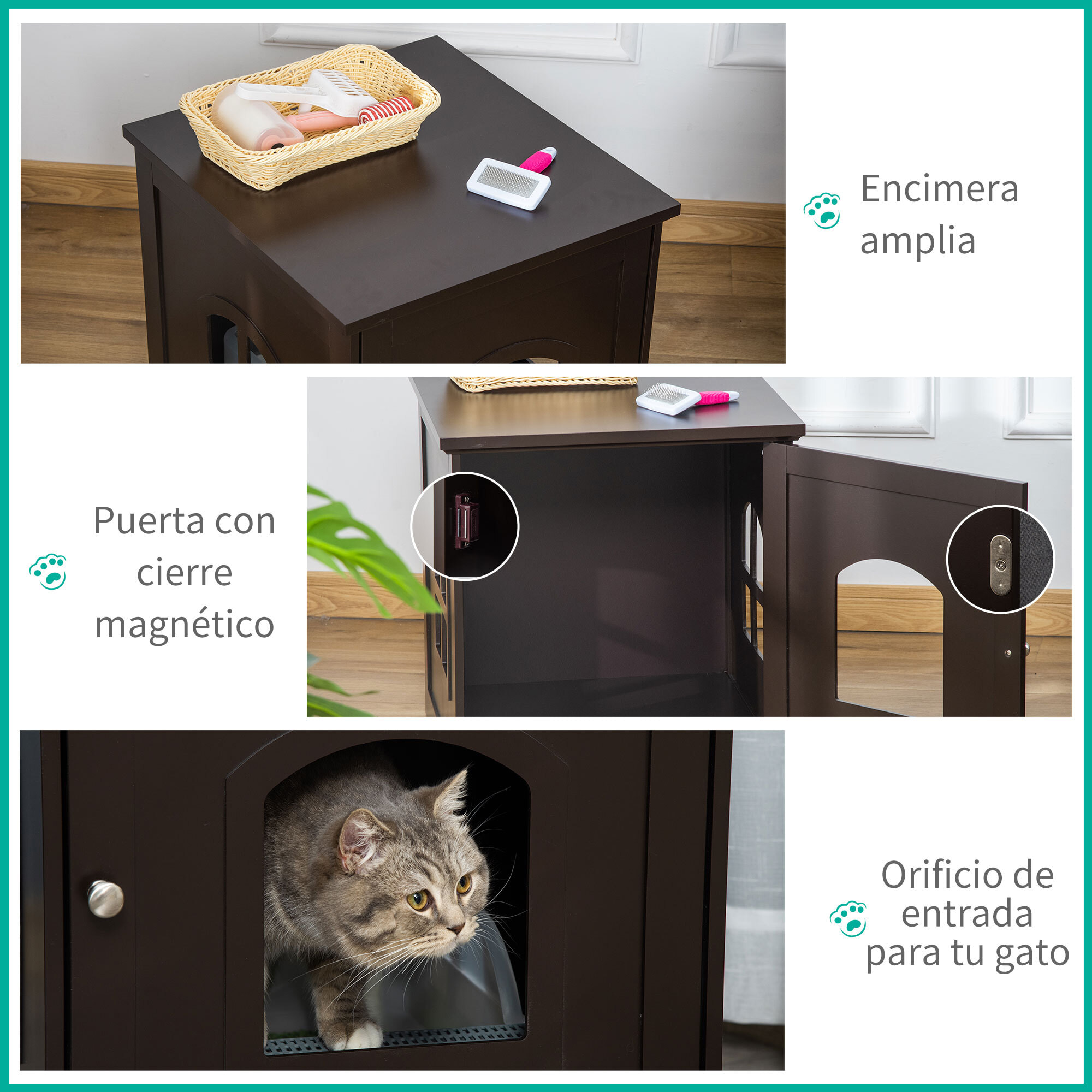 Casa para Gatos de Madera Armario Almacenaje 3 Ventanas Cruzadas 48,7x53,3x53cm