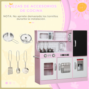 Cocina de Juguete Cocina para Niños de +3 Años Cocina Infantil de Madera con Accesorios para Cocinar Pizarra Máquina de Hielo y Teléfono 83,8x26,8x81 cm Rosa