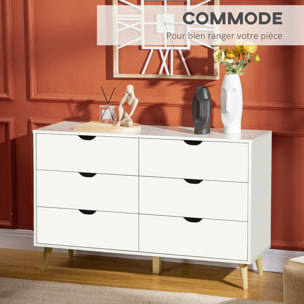 Commode 6 tiroirs design scandinave piètement effilé incliné bois pin panneaux blanc