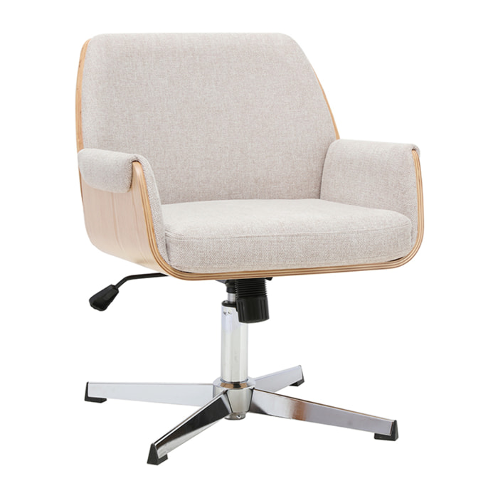 Chaise de bureau en tissu effet velours texturé beige et bois clair chêne RIKKI