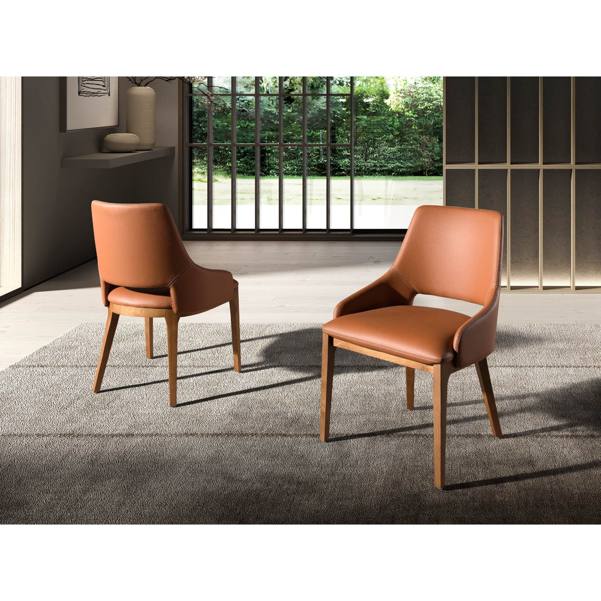 Silla con asiento y respaldo tapizados en polipiel marrón patas de madera chapada en nogal natural 54x61x83cm