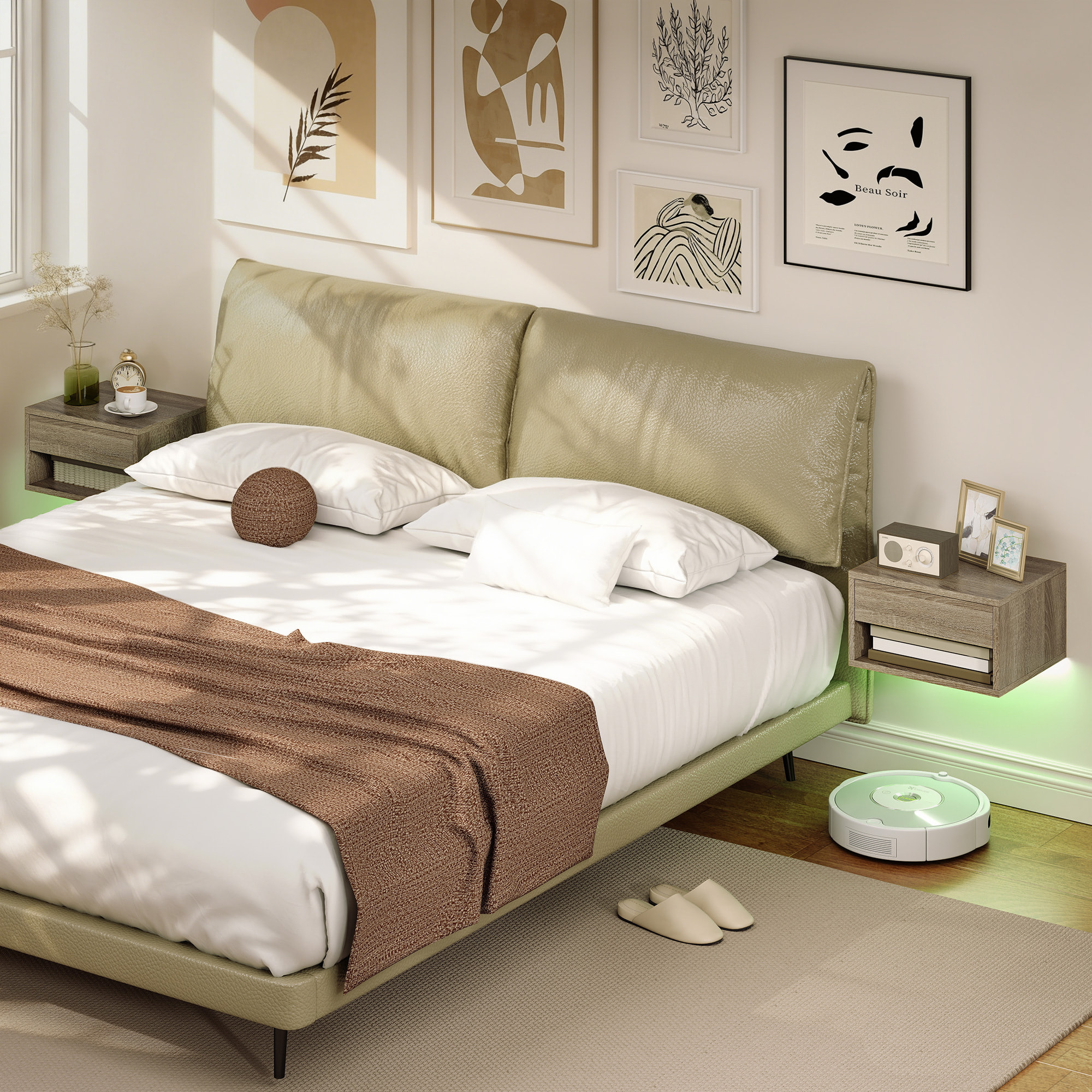 Juego de 2 Mesitas de Noche Flotantes con Luces LED RGB Control de APP, Mesillas de Noche Dormitorio con Cajón, Estante Abierto, para Sala de Estar, 37x32x21 cm, Natural