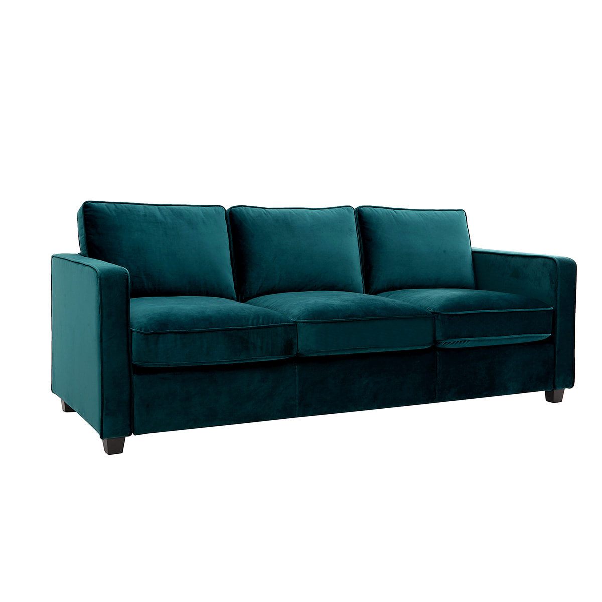 Canapé design 3 places en tissu velours bleu pétrole et bois noir BROOKLYN