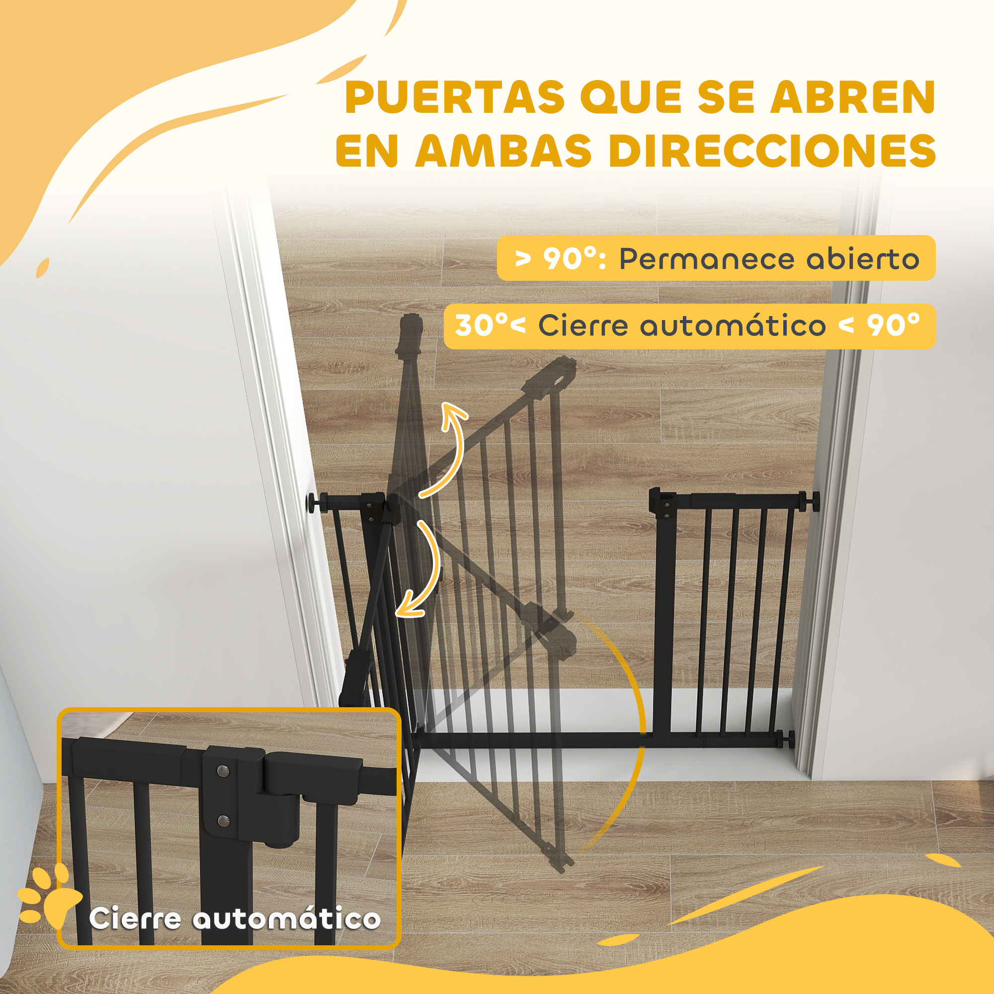 Barrera de Seguridad para Perros Extensible 74-94 cm, para Puertas y Escaleras, Barrera para Perros con Montaje a Presión, Doble Bloqueo y Extensión de 14 cm, Negro