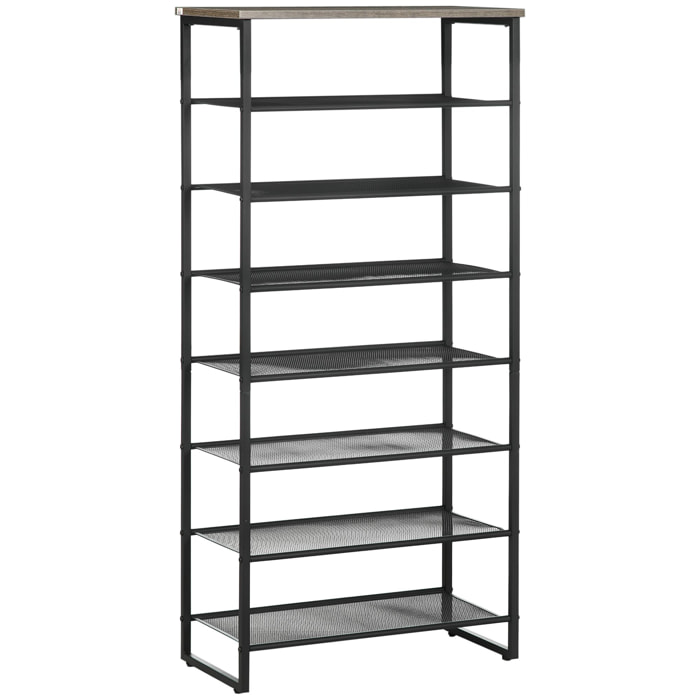 Etagère à chaussures 7 niveaux - rack à chaussures 7 étagères et plateau - acier noir aspect bois gris