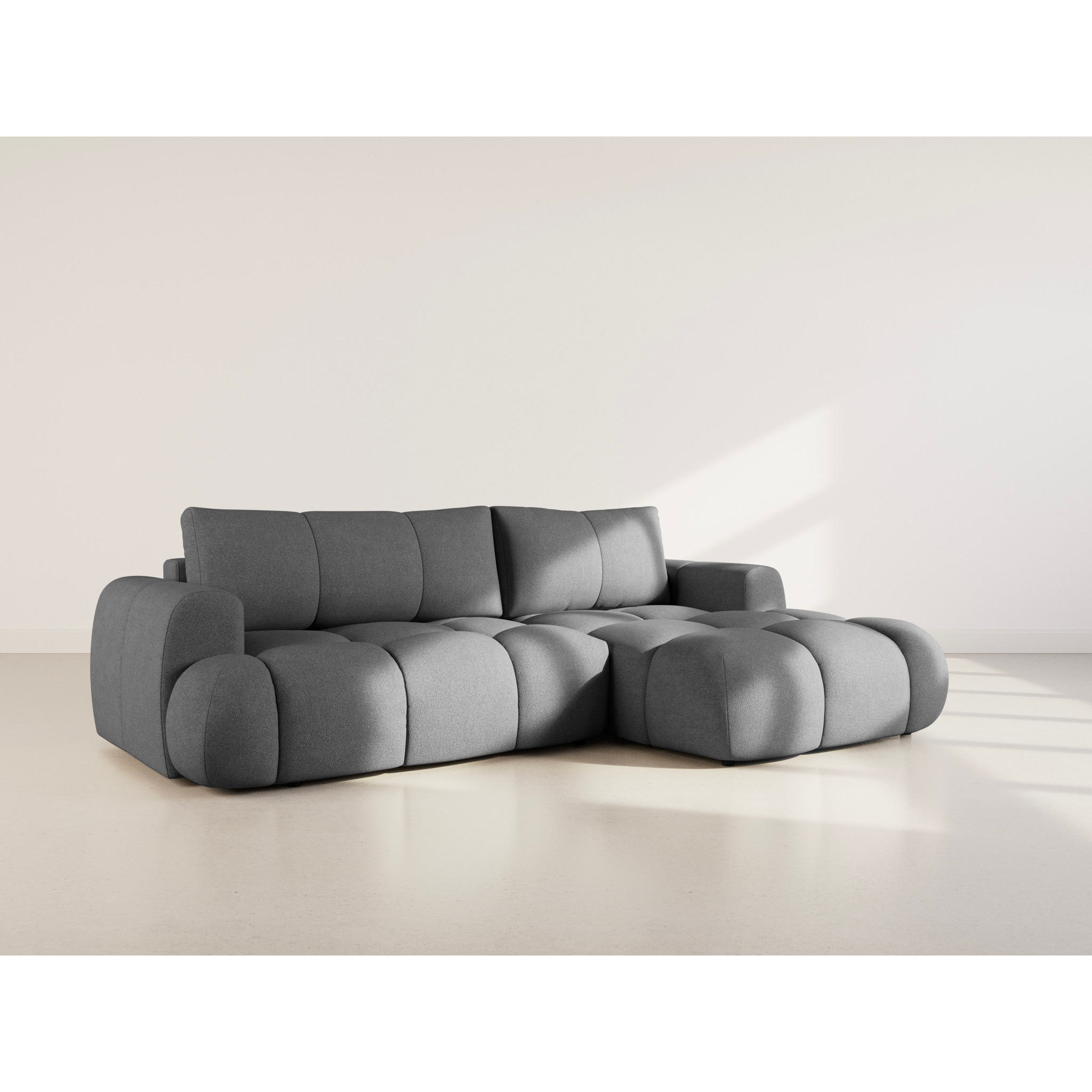 Yulin - Canapé d'angle droit 4 places convertible avec coffre en tissu bouclette - Gris