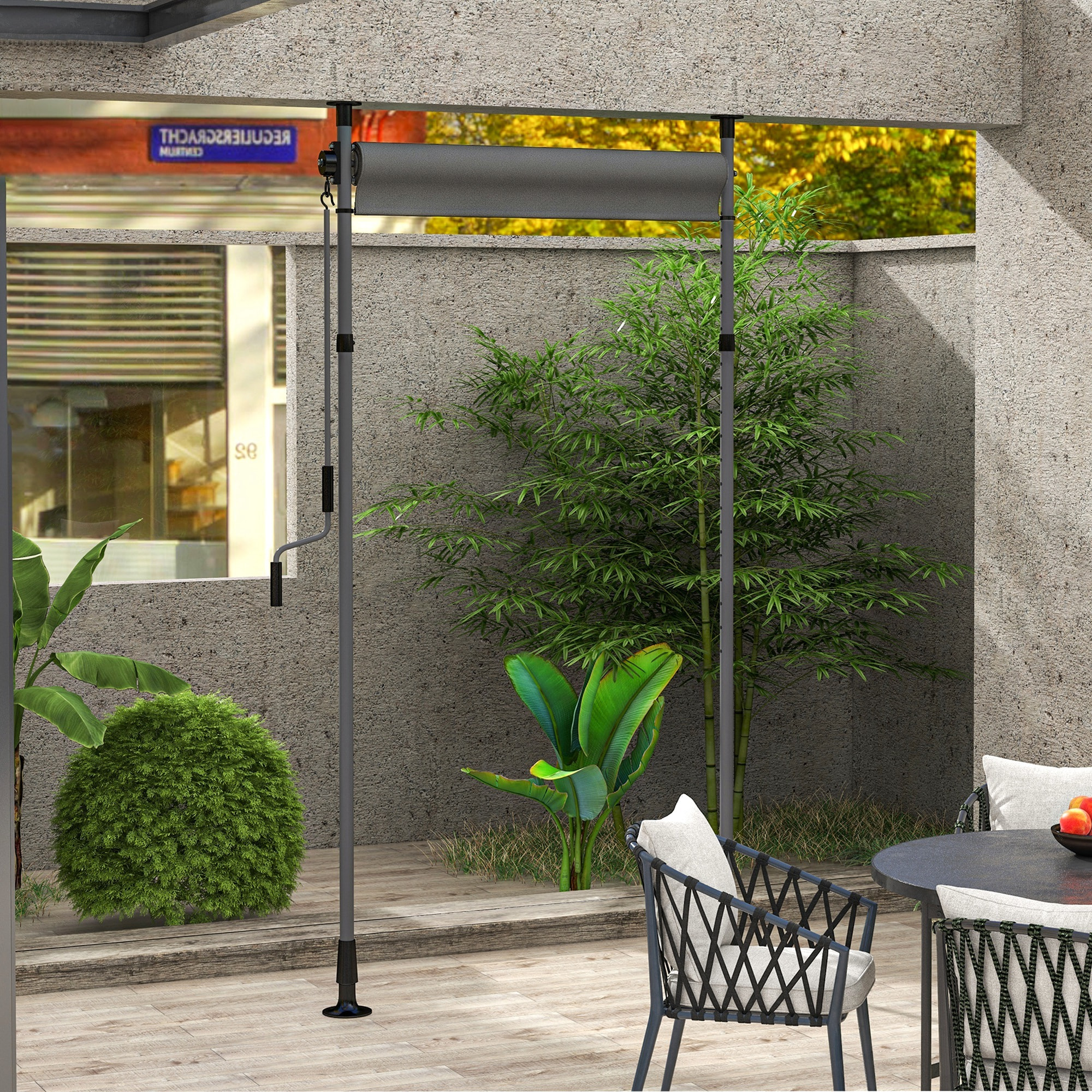 Store extérieur sur pied store manuel rétractable enroulable réglable dim. 1,5 x 2,2-3,1 m avec manivelle métal alu. polyester gris foncé