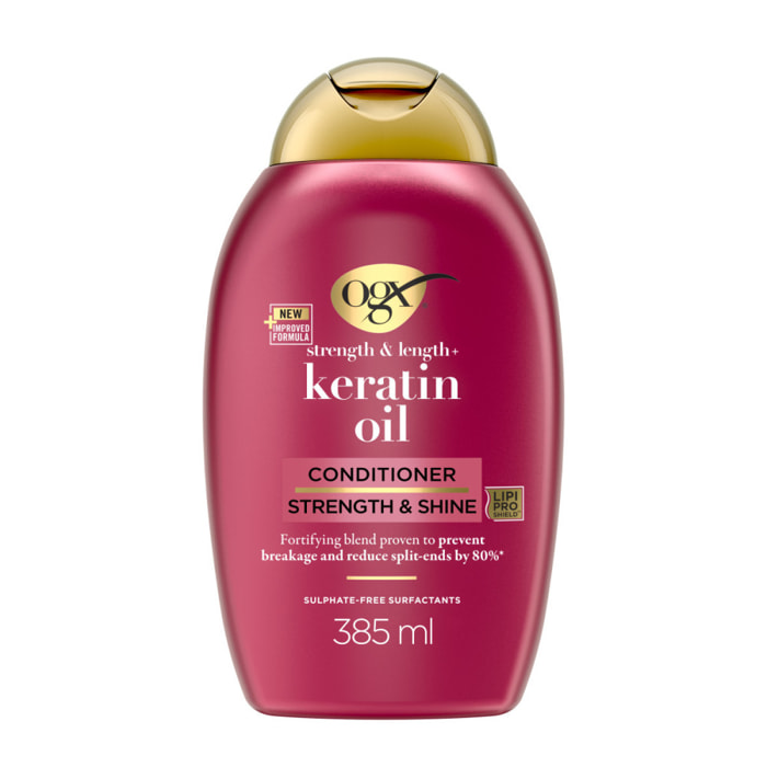 OGX Après-Shampooing Fortifiant Huile de Kératine, 385 ml – Soin capillaire renforçateur pour cheveux abîmés et cassants – Après
