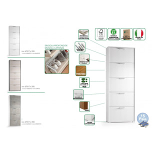 Scarpiera Margherita, Mobile multiuso da ingresso con 5 ante a ribalta, Armadietto portascarpe moderno, 100% Made in Italy, Cm 67x18h184, Cemento e Bianco