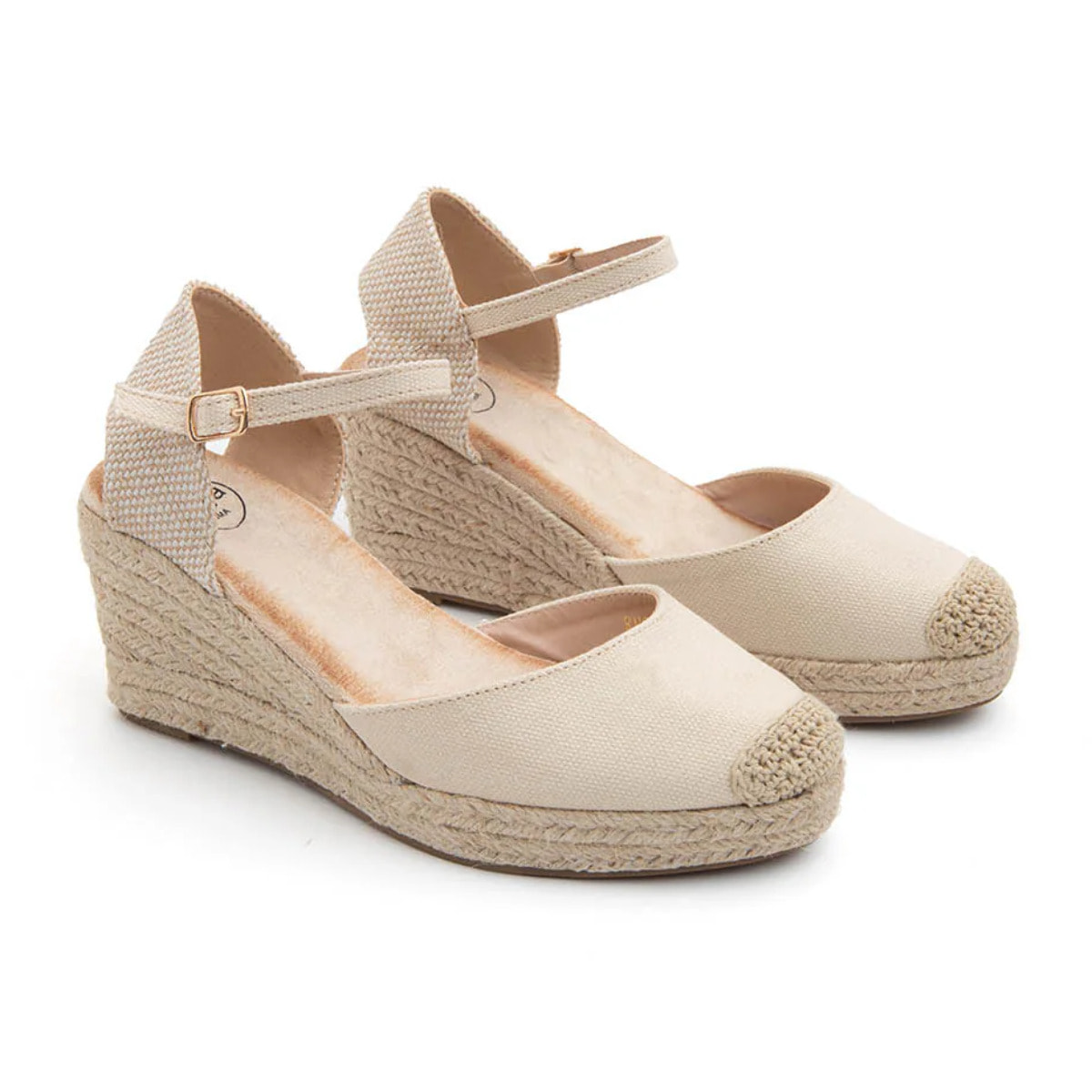 Espadrillas in tela a zeppa con cinturino - BEIGE