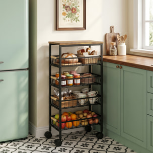 Carrito Auxiliar con Ruedas, Carrito de Cocina con 4 Cestas Extraíbles, Carga 15 kg, Marco Metálico, Tiradores de Madera, para Comedor, Sala de Estar, Baño, 40x24x81,5 cm, Marrón Rústico