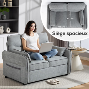 Canapé 2 places moderne haut dossier grand confort 2 coussins poche rangement velours gris