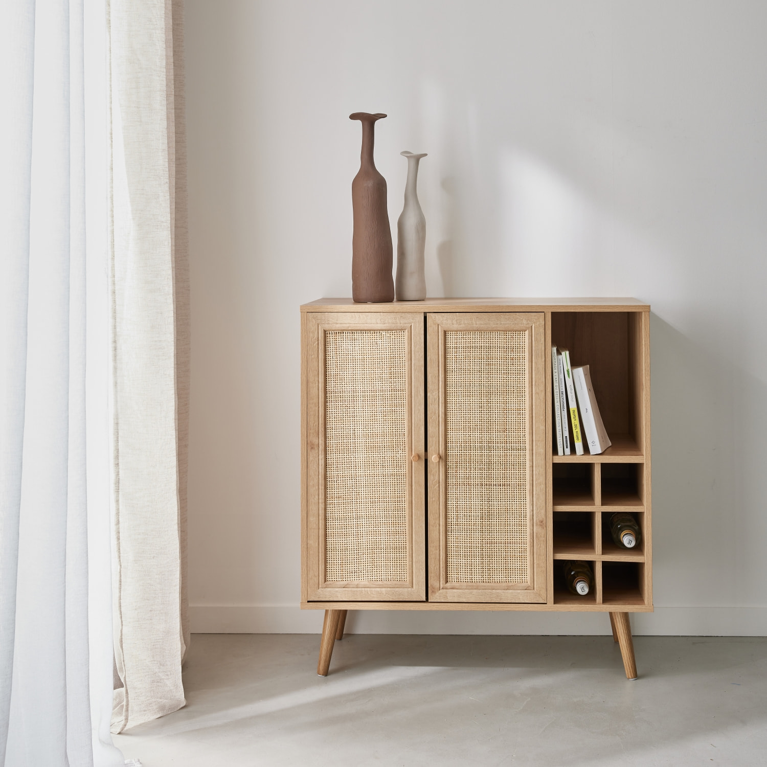 Buffet range bouteilles décor bois et cannage 83cm BOHÈME