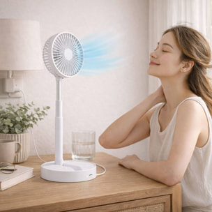 Ventilador USB plegable, Ø16,5cm, 3 velocidades, batería 1200mAh, blanco