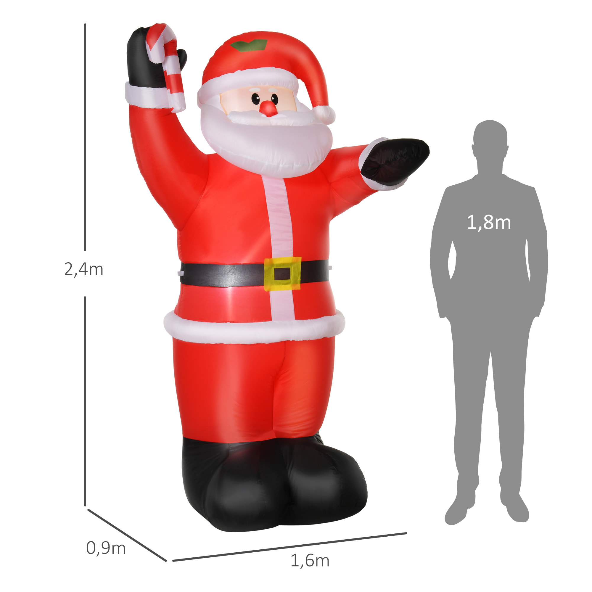 Papá Noel Inflable 240 cm Papá Noel Hinchable con Bastón Luces LED e Inflador Eléctrico Decoración Navideña para Exteriores Interiores Multicolor