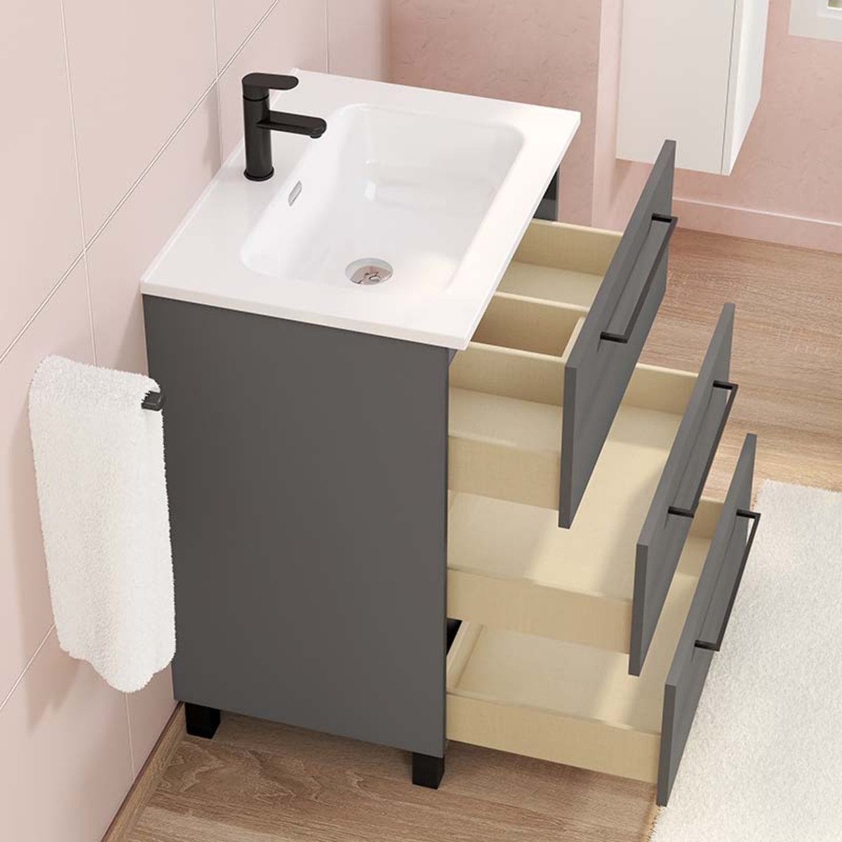 Conjunto de baño Haru | Mueble de baño con patas | 60 cm Gris Mate| Tres cajones | Lavabo encastrado | No incluye espejo | Alday