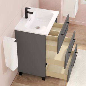 Conjunto de baño Haru | Mueble de baño con patas | 60 cm Gris Mate| Tres cajones | Lavabo encastrado | No incluye espejo | Alday