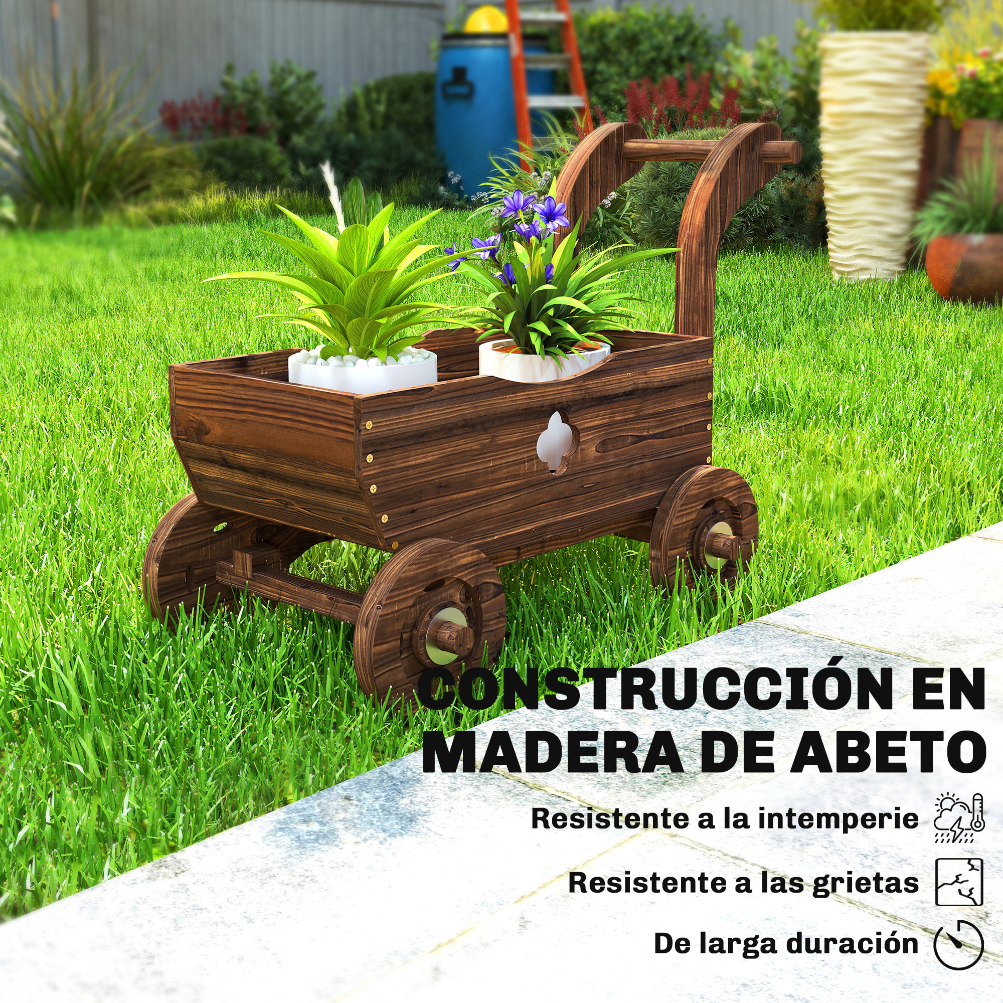 Carretilla de Madera Decorativa, Jardinera Elevada con 4 Ruedas, Asa, Orificios de Drenaje, Macetero Exterior para Cultivos de Plantas, Flores en Terraza, Jardín, 68x38x52 cm, Carbonizado