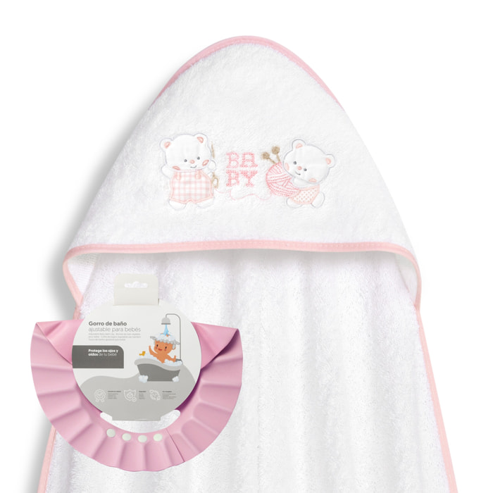 Capa Baño 1X1 Mod Ositos Baby Juguetones + Gorro Bco/Rosa