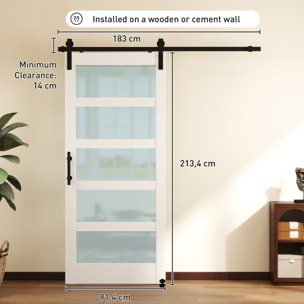 Puerta Corredera con Herrajes 91x213 cm, Puerta Corredera Interior de MDF y Vidrio Esmerilado con Rodillo, Riel, Guía de Suelo, para Baño, Salón, Sala de Estar, Blanco