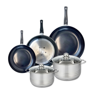 Ensemble de 3 Poêles de cuisson 24, 28 et 32 cm et 2 faitouts 20 et 24 cm Elo Prima Brillant