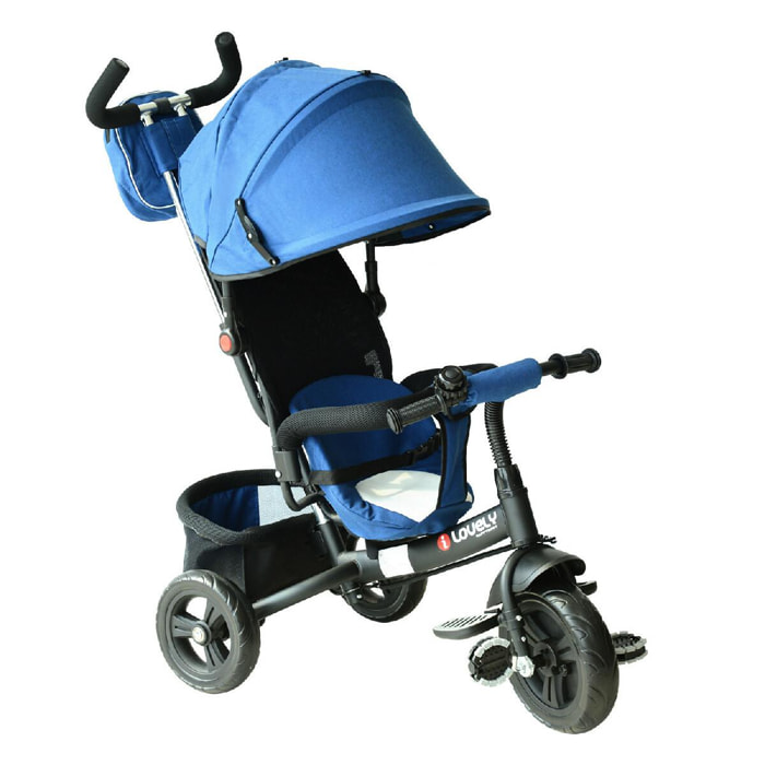 Tricycle enfants évolutif canne  et pare-soleil pliable amovible sacoche et panier 96 x 54l x 101 cm acier bleu