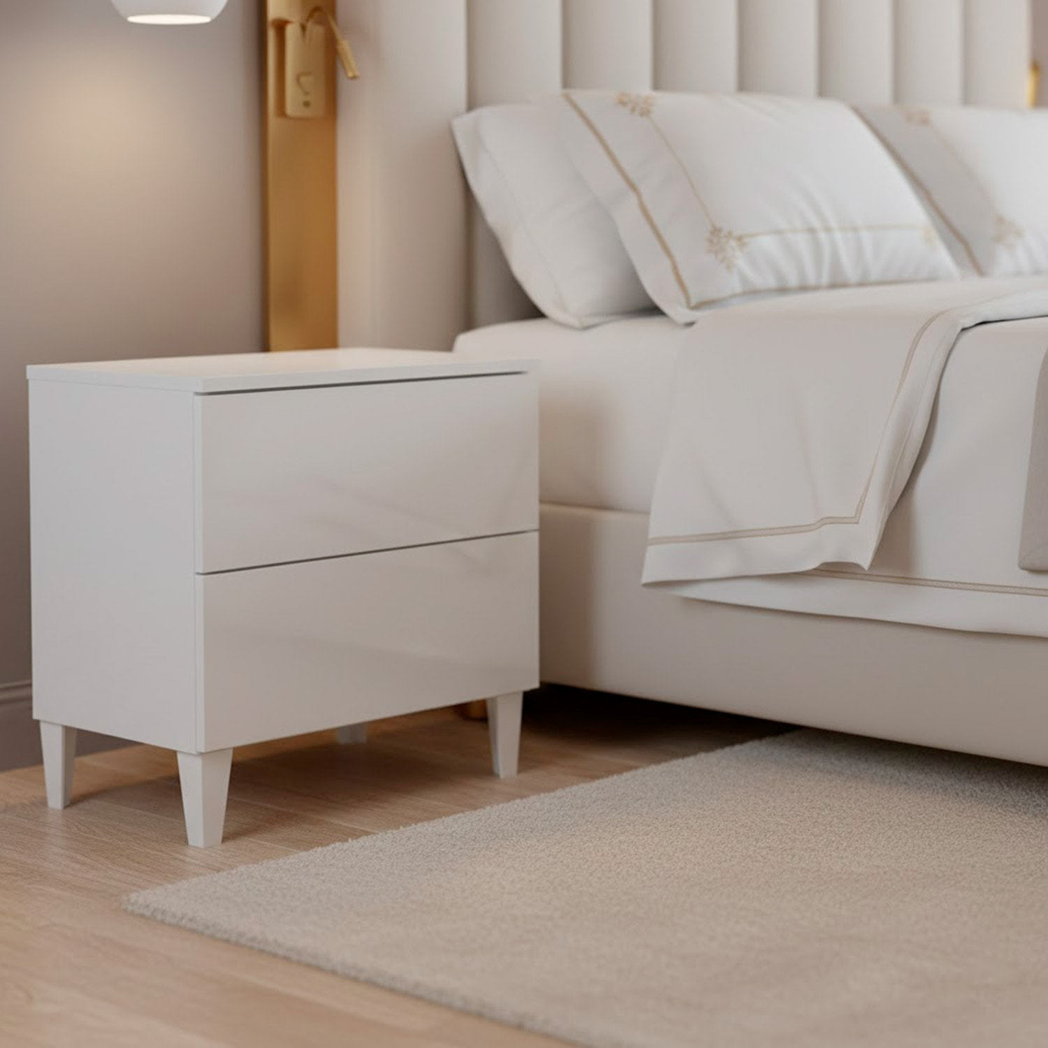Comodino Con 2 Cassetti Cassettiera Settimino Mobile Da Camera Da Letto Moderno Mobiletto Con Piedini Montaggio Facile 50 x 34 x 39 Cm Bianco Lucido
